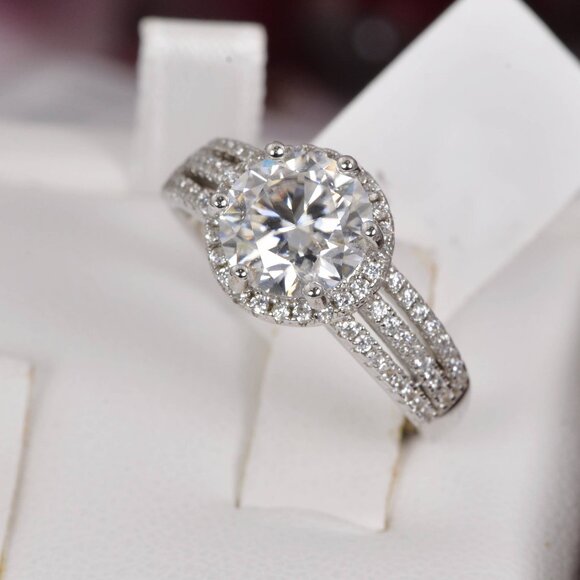 Certified 2.0 ct Halo Brilliant Cut Moissanite Engagement Ring 925 Sterling - Picture 2 of 9